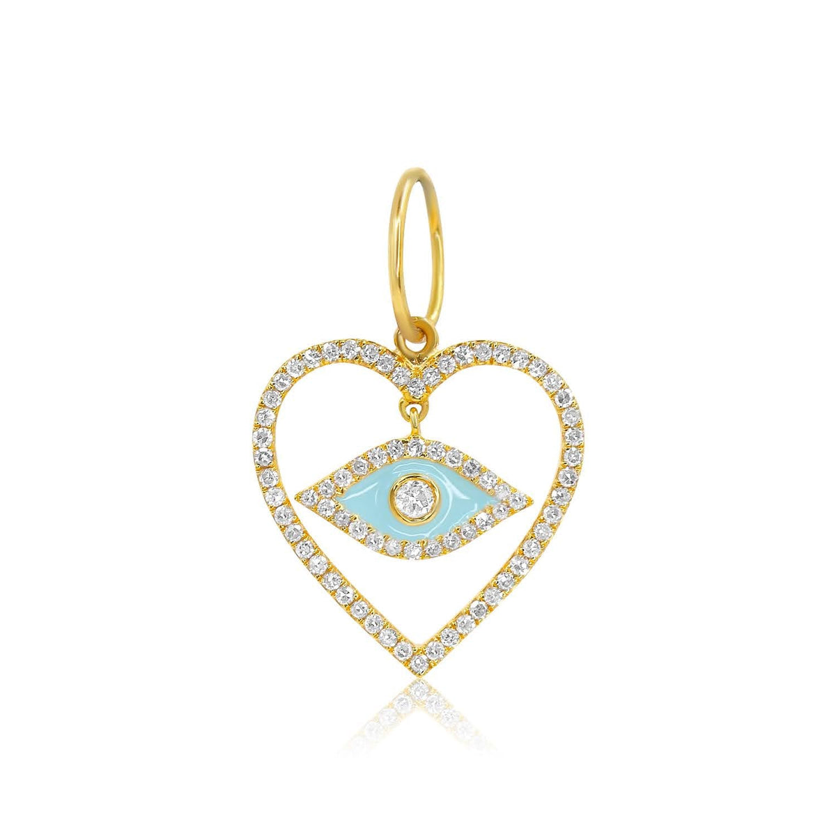 Solid Gold Diamond Open Heart Turquoise Enamel Evil Eye Pendant