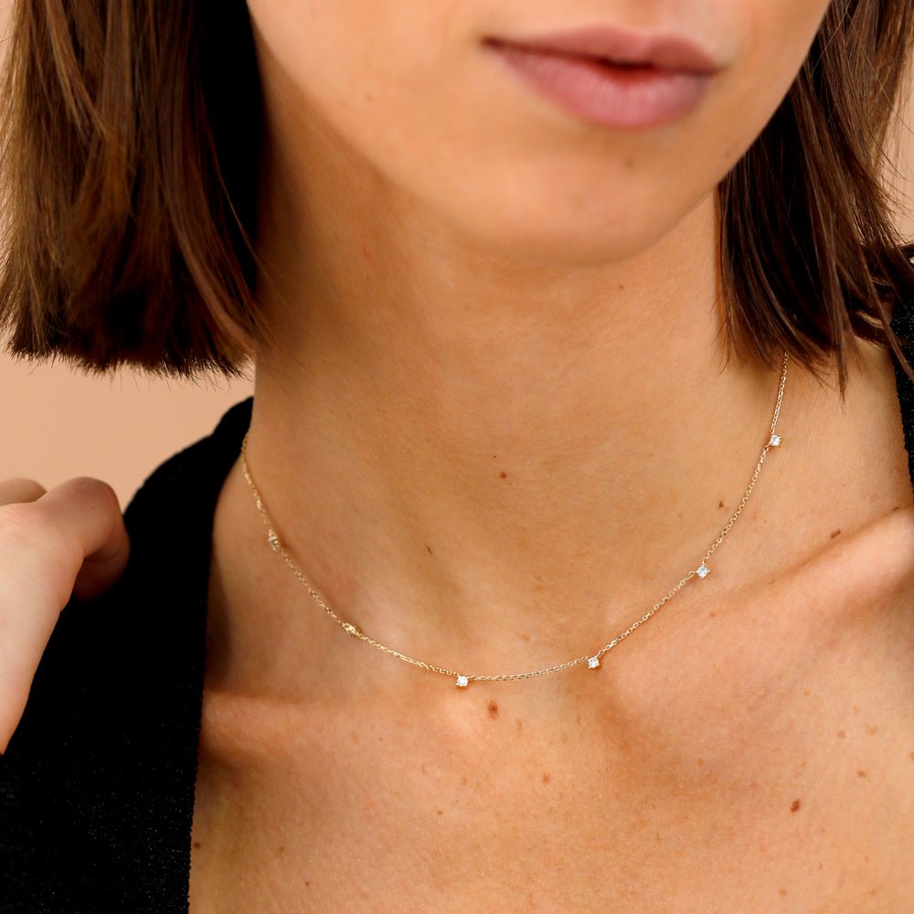 Solid Gold Dainty Diamond Station Necklace (A0CB9C)