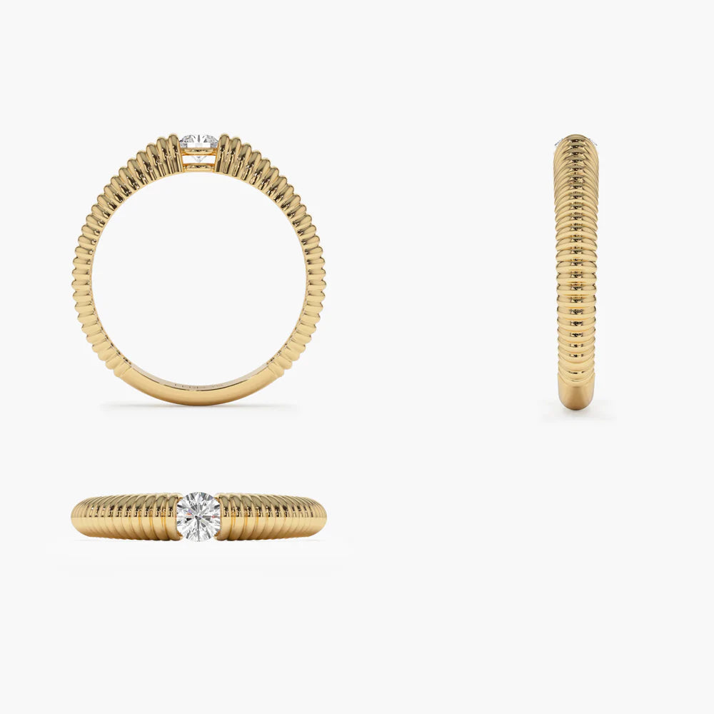 Solid Gold Ribbed Gold Solitaire Diamond Ring