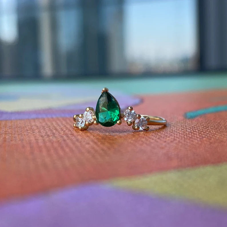 Solid Gold Pear Emerald Anniversary Ring