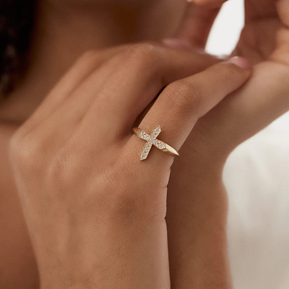 18K Solid Gold Diamond Cross Ring