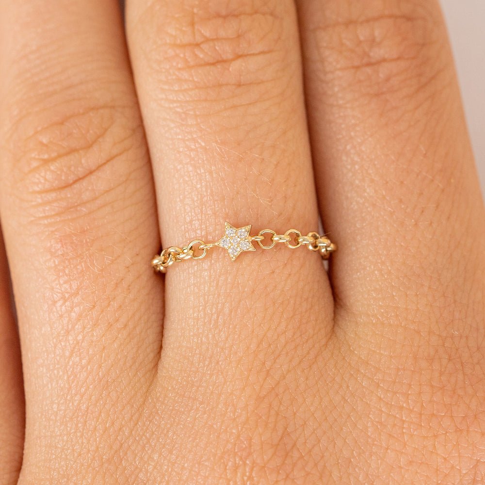 14K Solid Gold Diamond Star Chain Ring