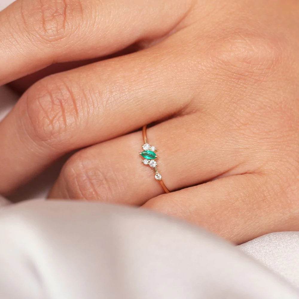 Solid Gold Slanted Marquise Emerald and Diamond Ring