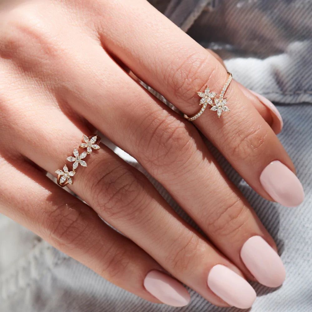 Solid Gold Marquise Diamond Multi-Flower Ring