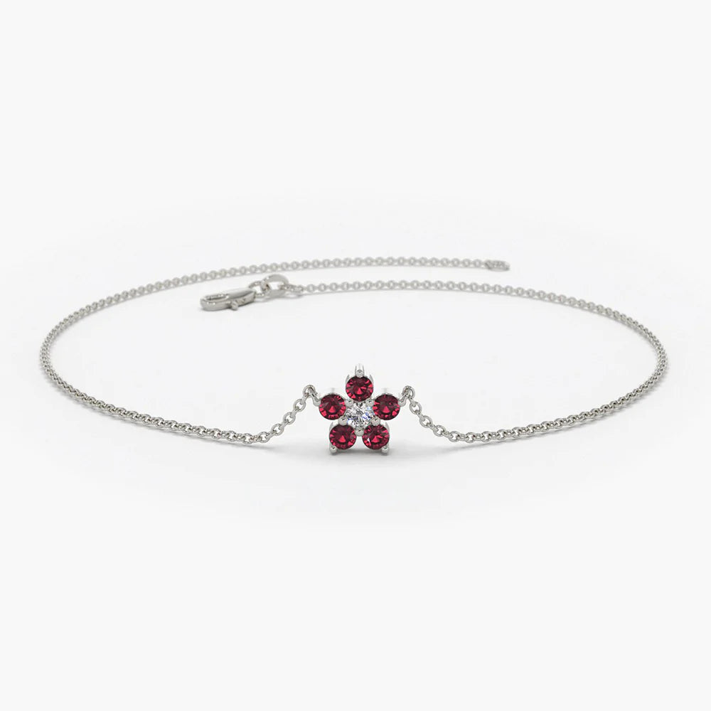 Solid Gold Ruby and Diamond Flower Charm Bracelet