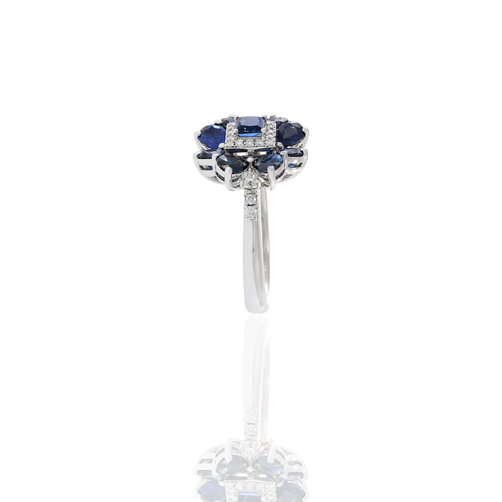 Solid Gold Blue Sapphire And Flower Diamond Ring