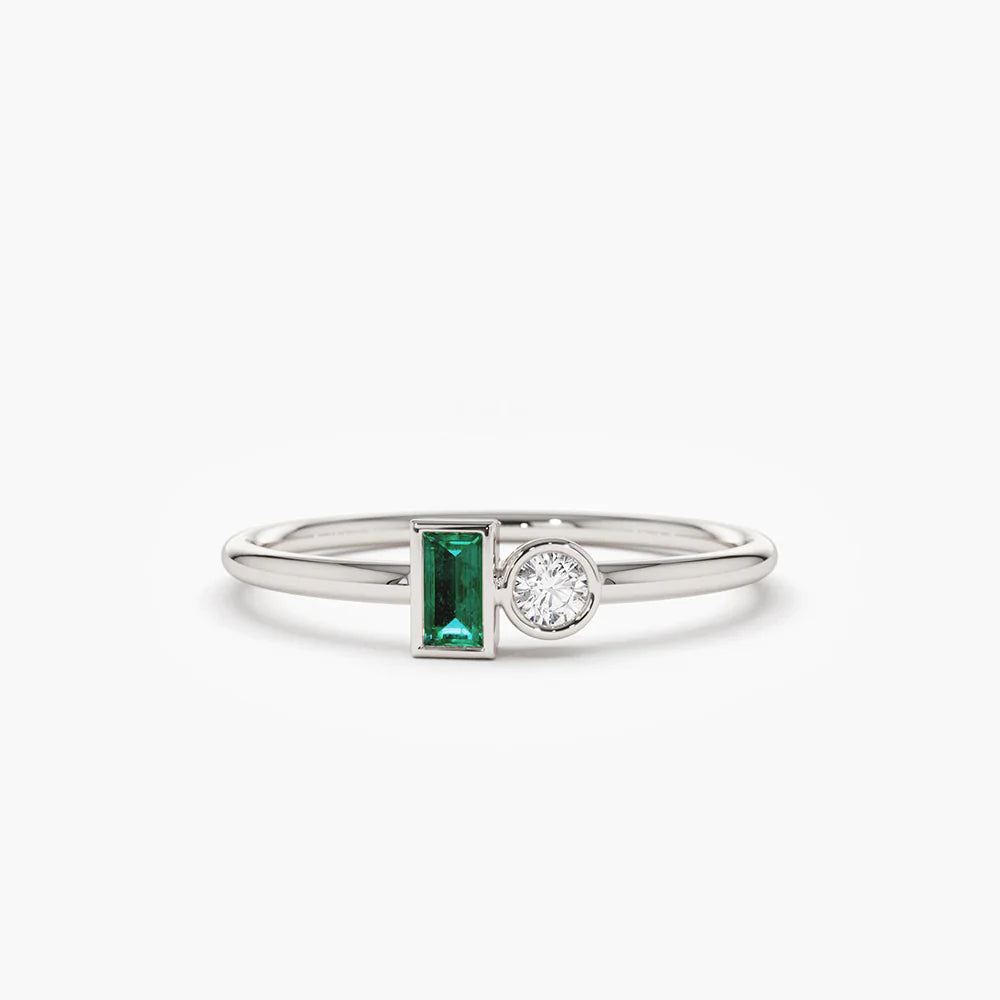 Solid Gold Baguette Emerald and Diamond Stackable Ring