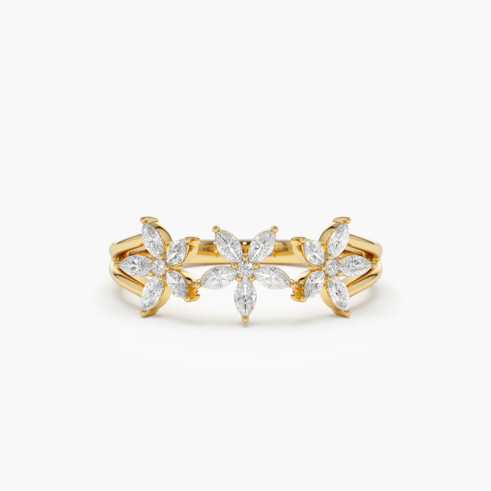 Solid Gold Marquise Diamond Multi-Flower Ring