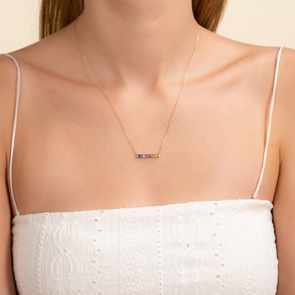Solid Gold Long Rainbow Sapphire Bar Necklace (83E81E)