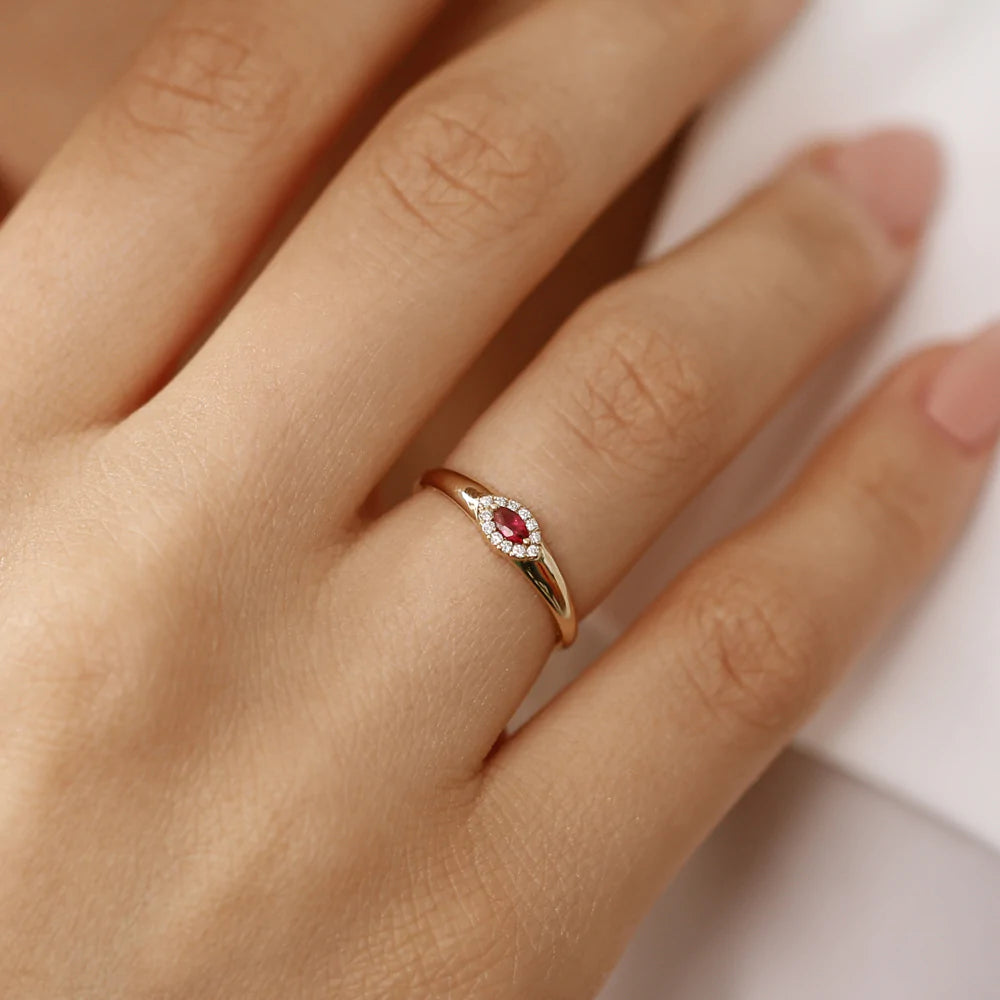 Solid Gold Marquise Ruby Ring in Halo Setting