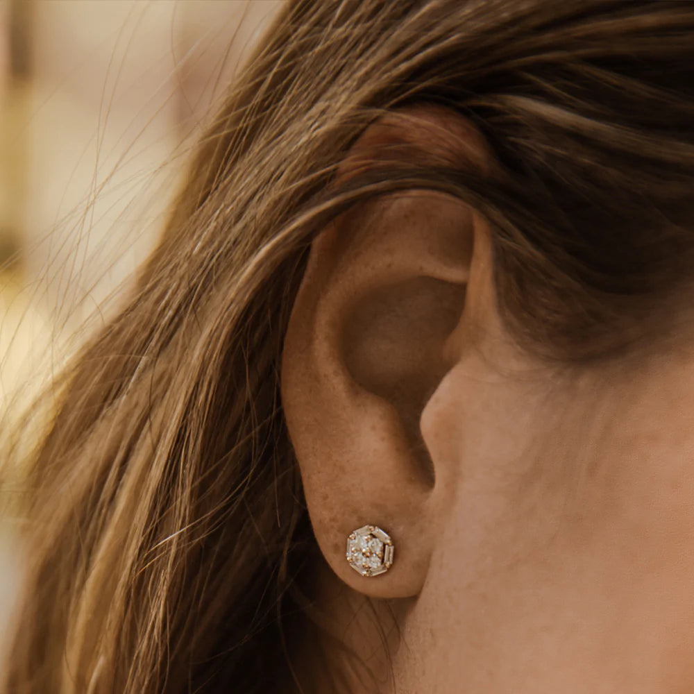 Solid Gold Baguette and Round Diamond Cluster Studs