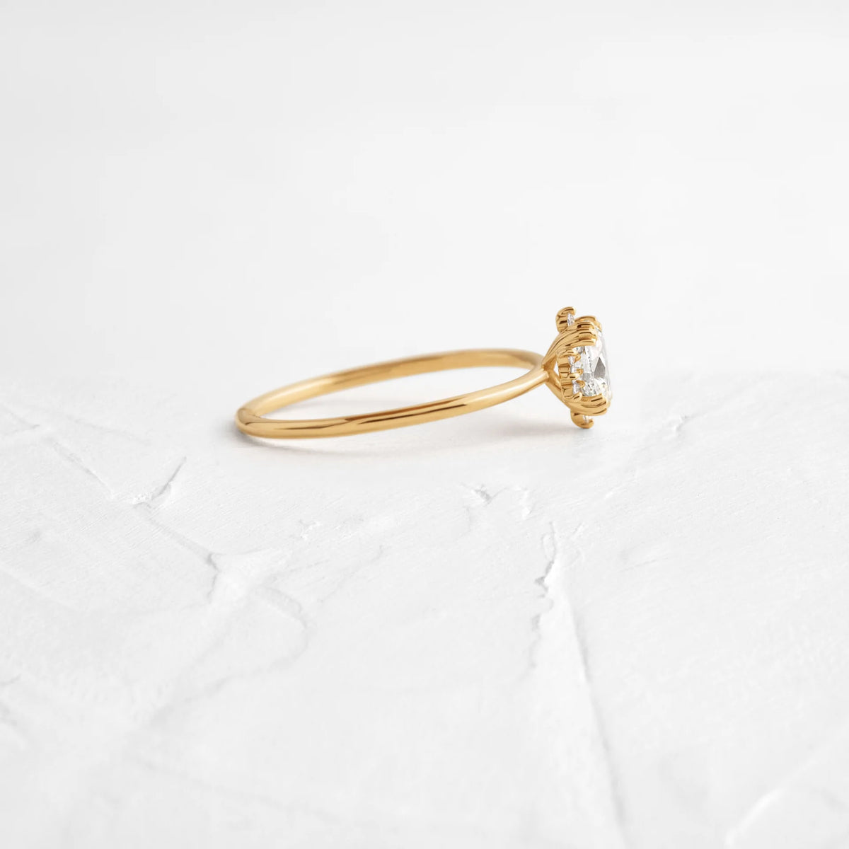 Solid Gold Threaded Ring with Halo, 0.39ct. Oval Cut Moissanite Diamond