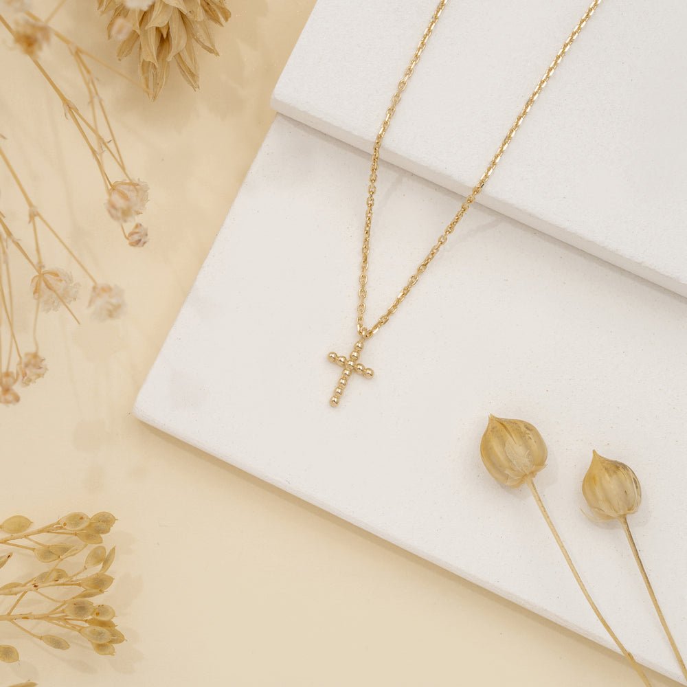 Solid Gold Beaded Cross Necklace (58B284)