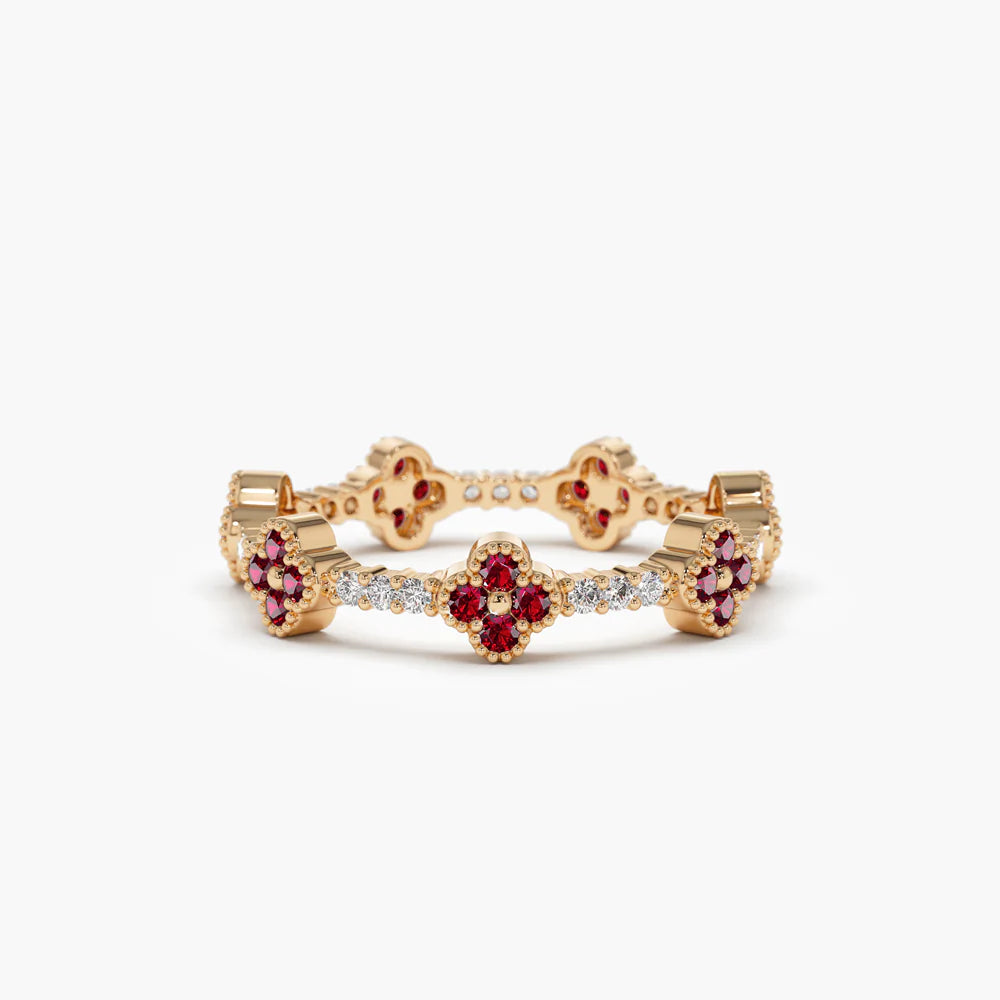 Solid Gold Full Eternity Clover Ruby and Diamond Ring