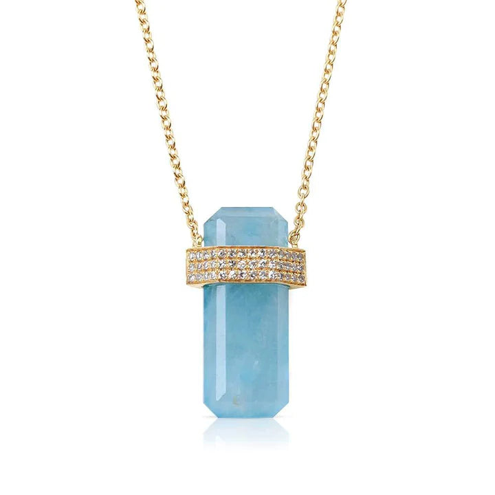 Solid Gold Aquamarine Crystal Necklace With Diamond
