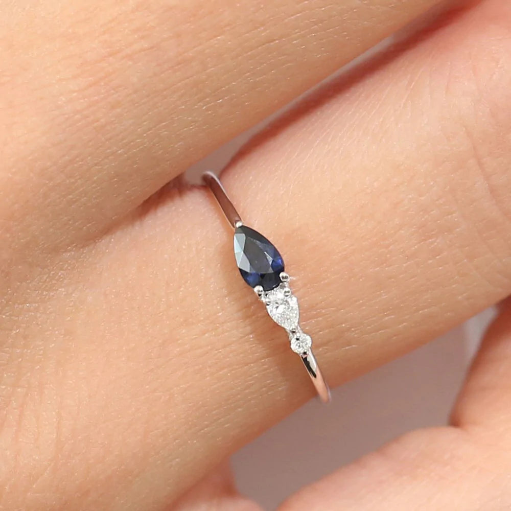 Solid Gold Pear Shape Natural Sapphire with Pear Shape Diamond Ring