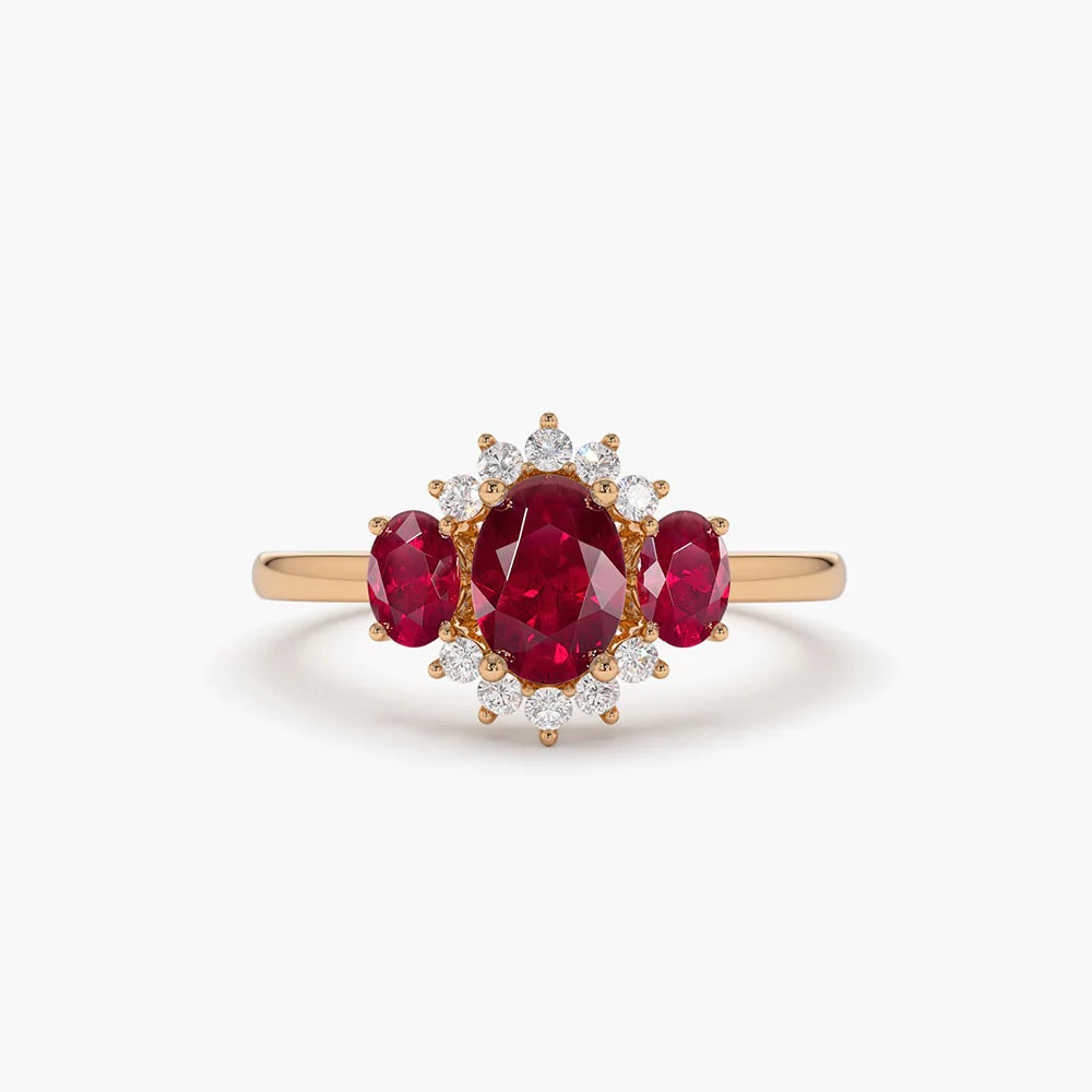 Solid Gold Three Stone Ruby Cluster Ring