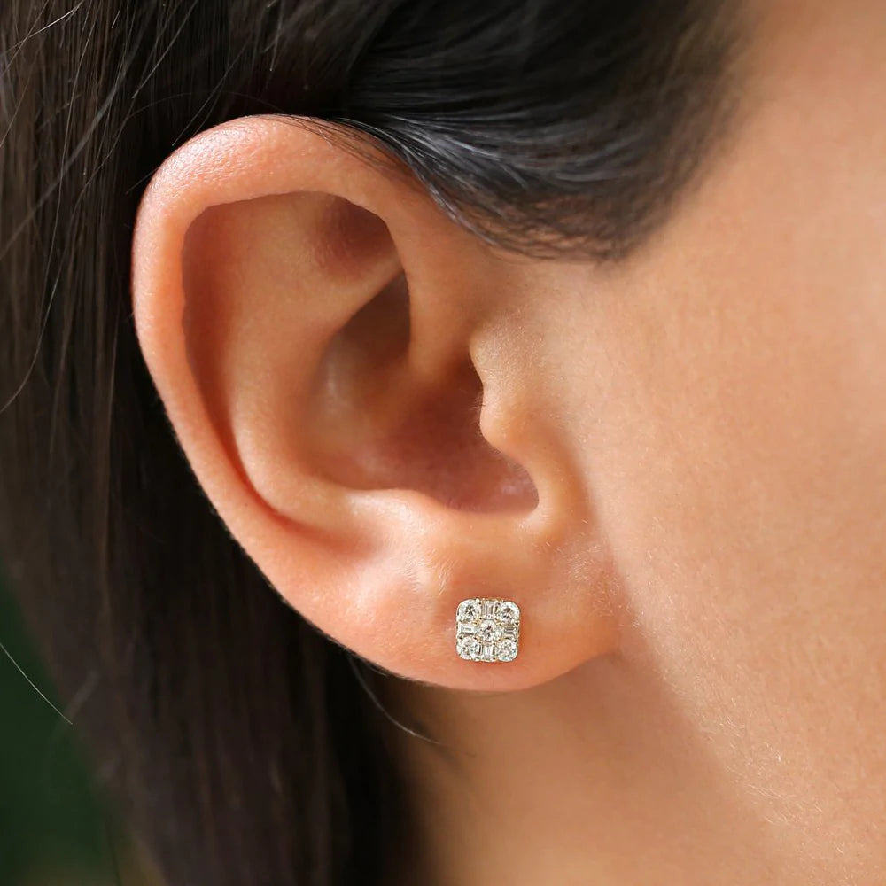 Solid Gold 2 CT Square Baguette and Round Lab-Grown Diamond Earrings