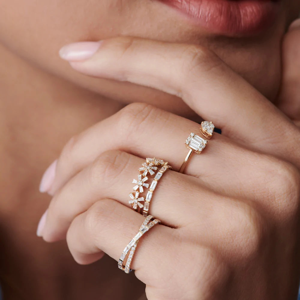 Solid Gold Baguette Diamond Multi Flower Design Ring
