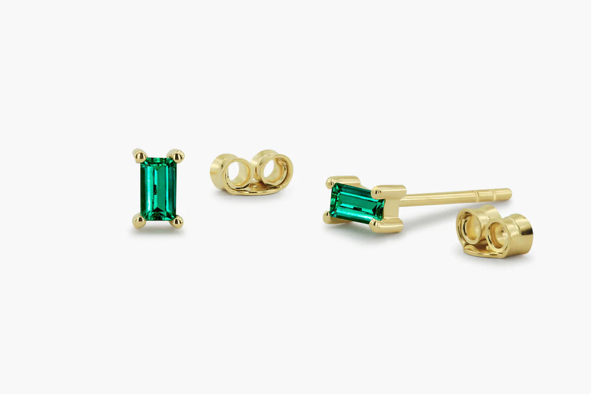 Solid Gold Baguette Cut Emerald Studs