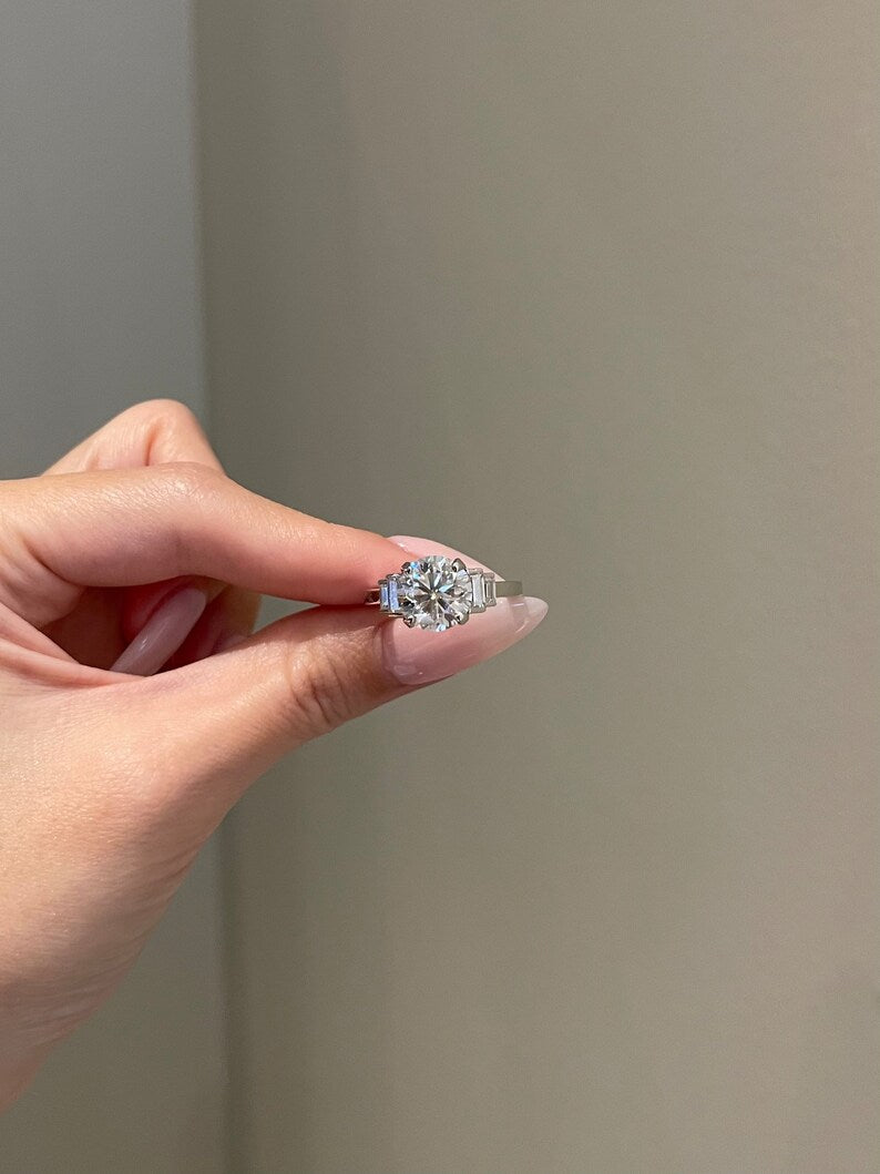 Stones Ring - 3.5ct Brilliant Round Moissanite 4-Prong Baguettes Moissanite Side