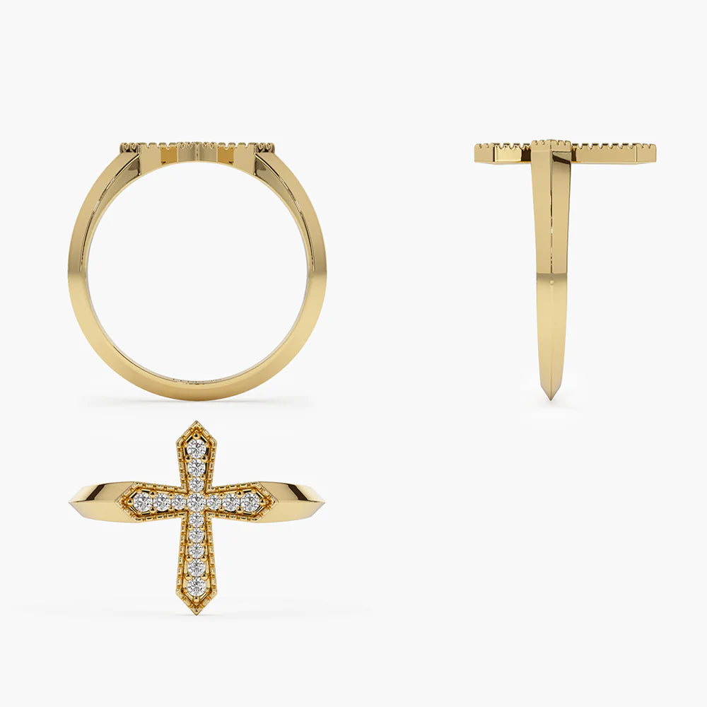 14K Solid Gold Diamond Cross Ring