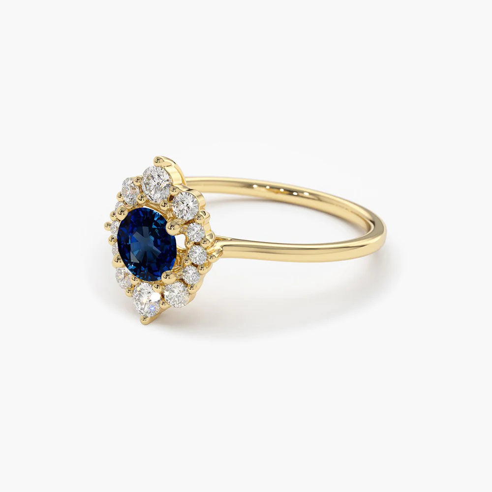 Solid Gold Round Sapphire Halo Diamond Engagement Ring