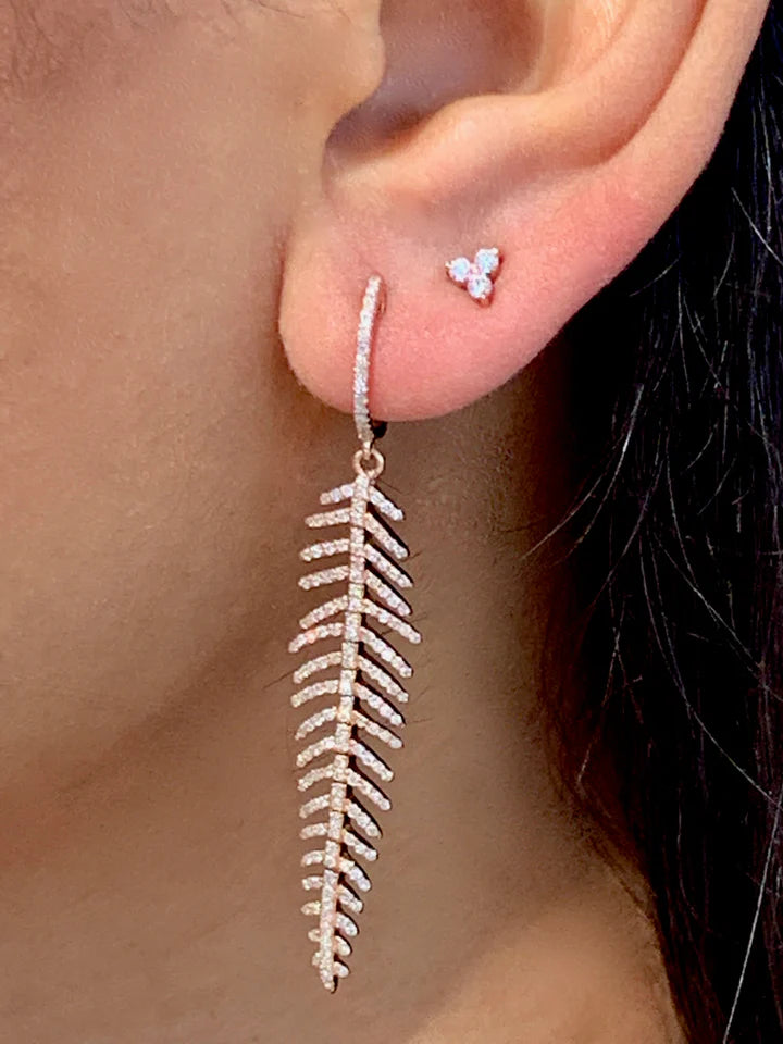 Solid Gold Diamond Feather Drop Earrings