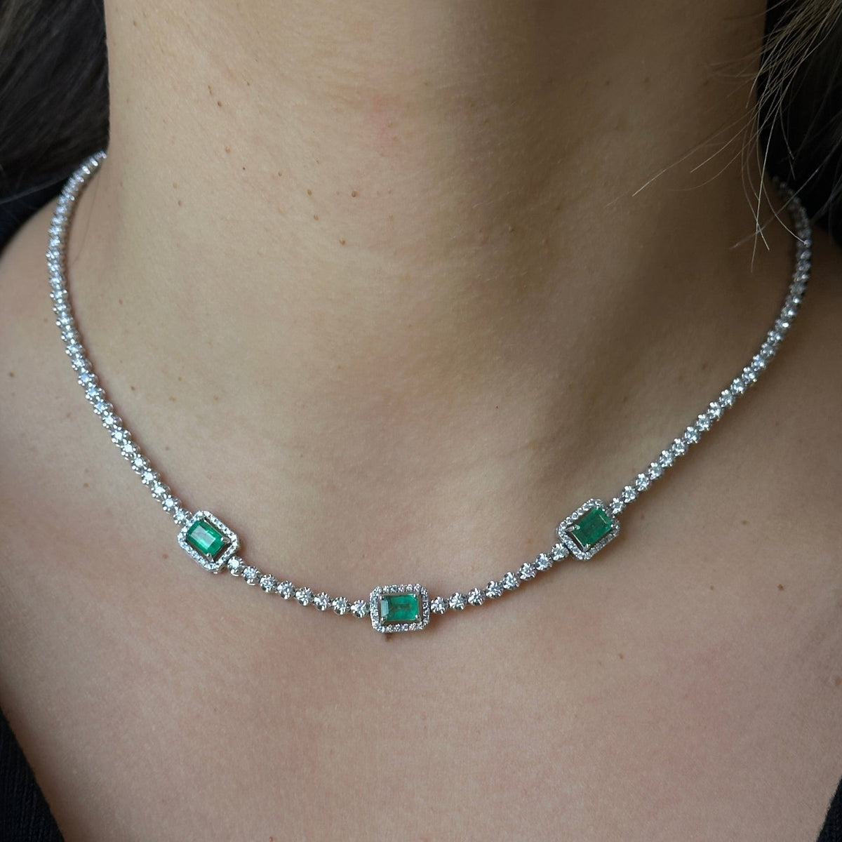 Imperial Verde Triad Natural Diamond & Zambian Emerald 18K Gold Tennis Necklace