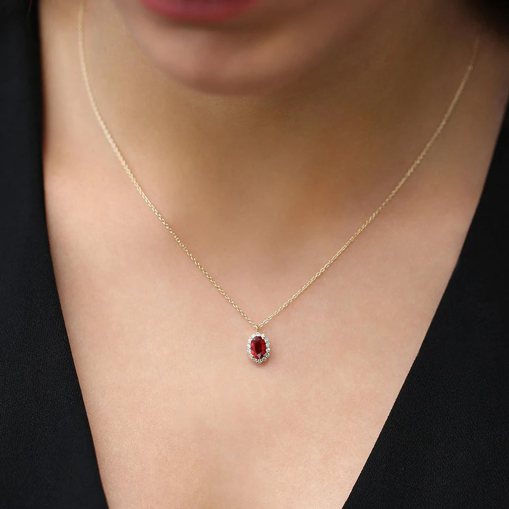 Solid Gold Oval Cut Ruby Halo Diamond Necklace