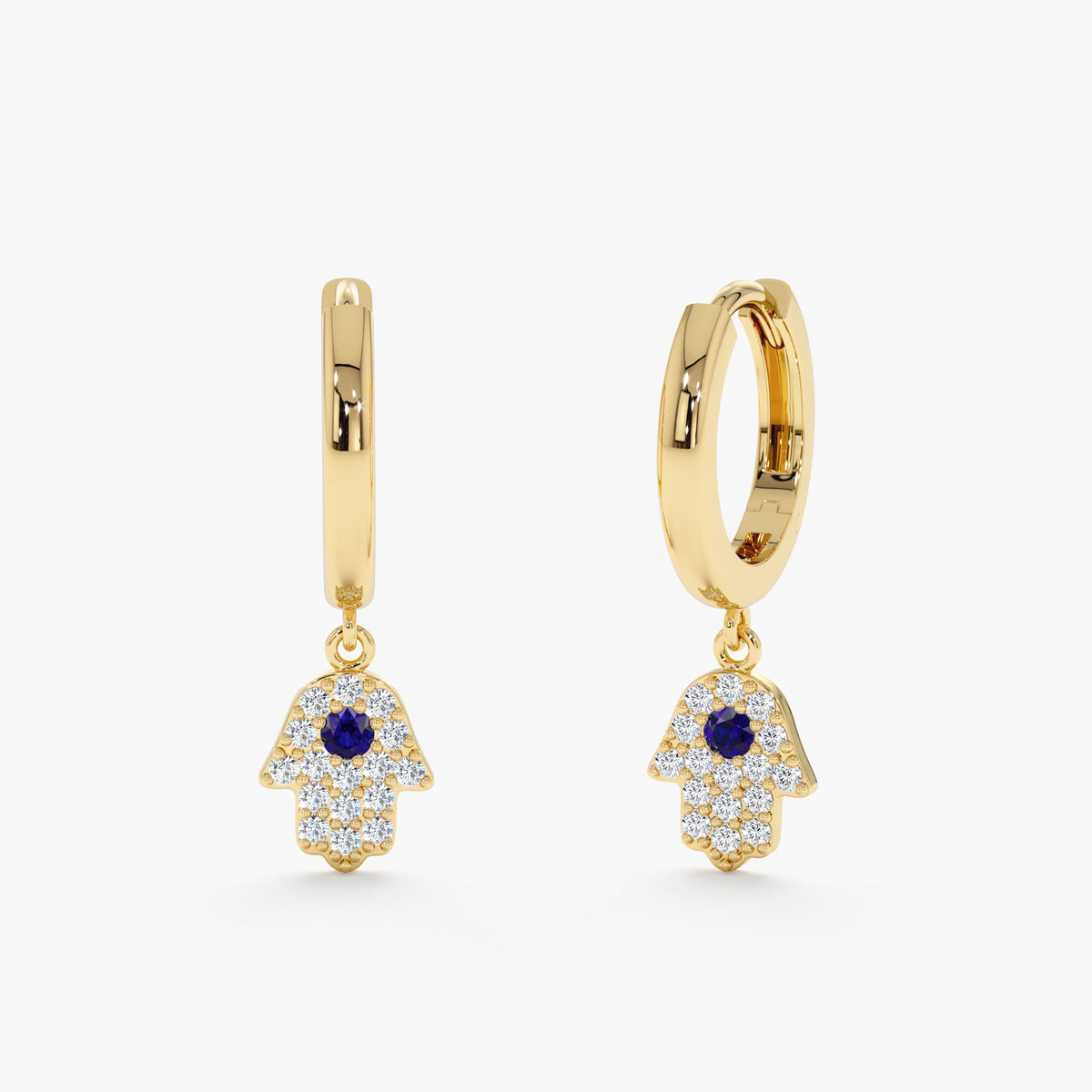 Solid Gold Diamond Sapphire Hamsa Huggies