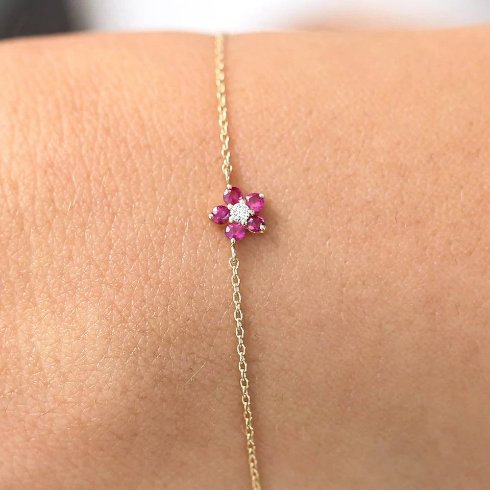 Solid Gold Ruby and Diamond Flower Charm Bracelet