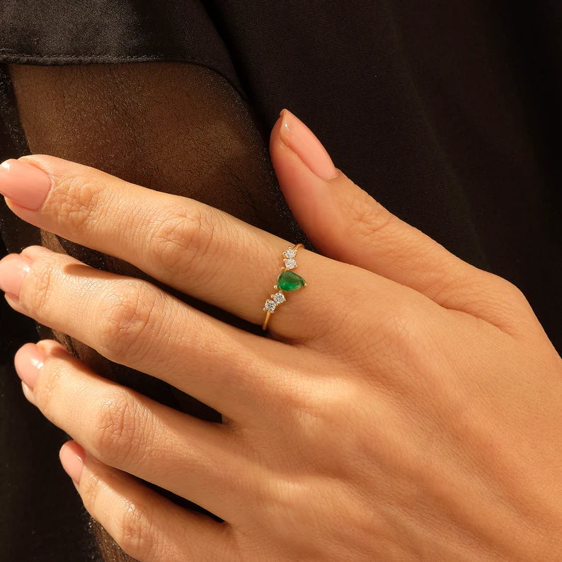 Solid Gold Pear Emerald Anniversary Ring