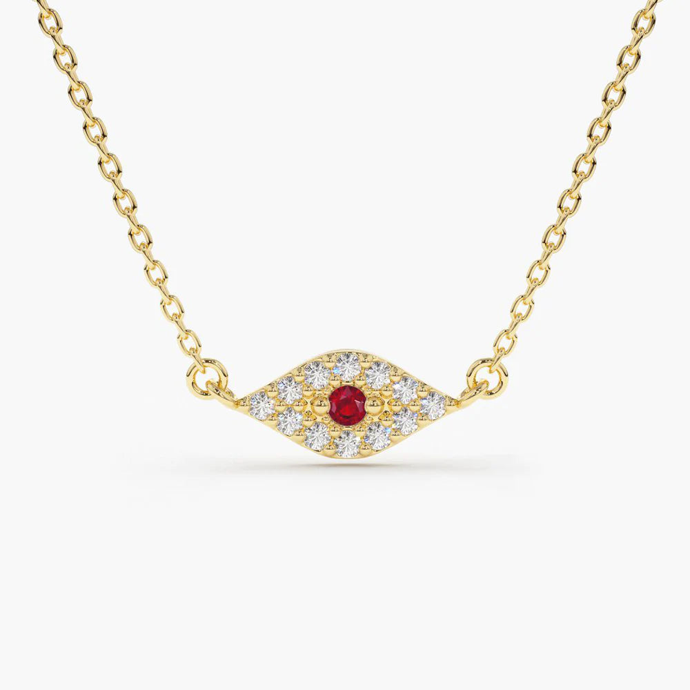 Solid Gold Diamond and Ruby Evil Eye Necklace