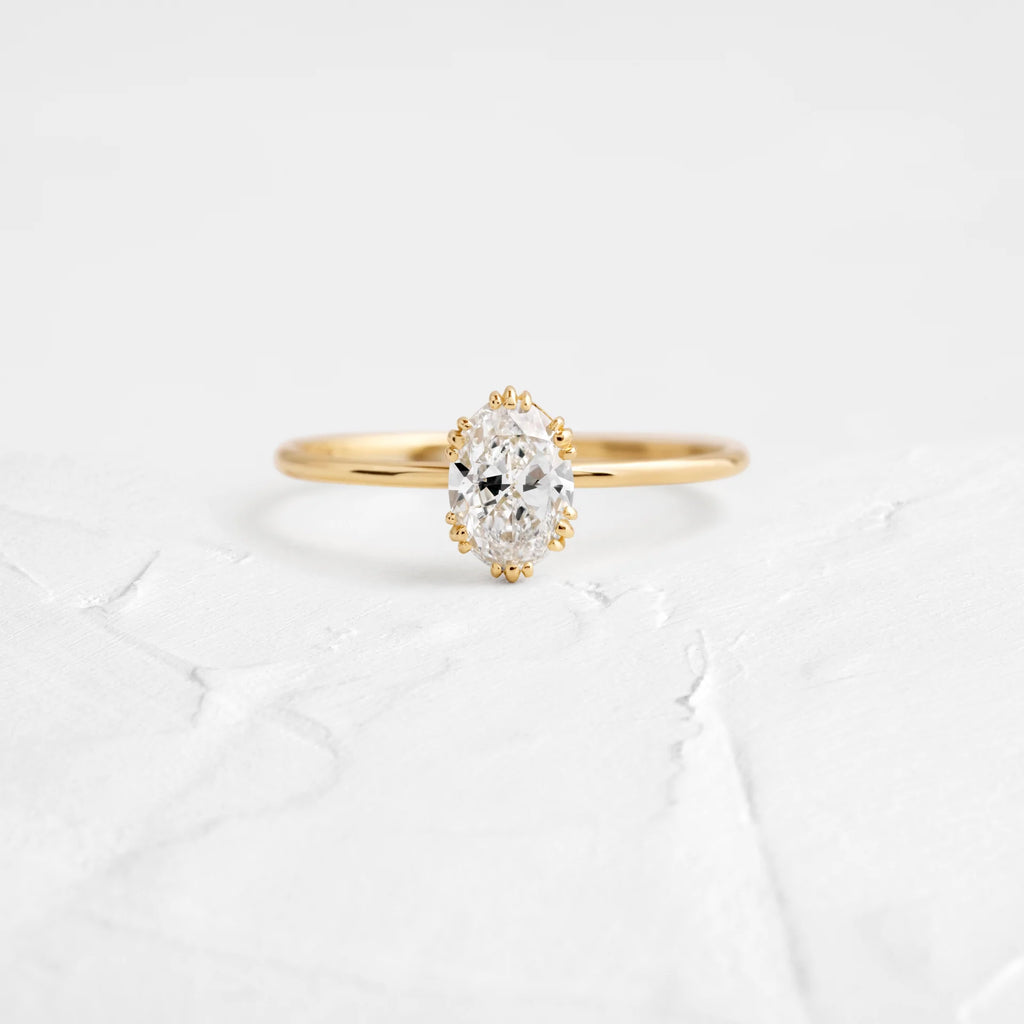 Solid Gold Threaded Ring, Oval Cut Moissanite Diamond
