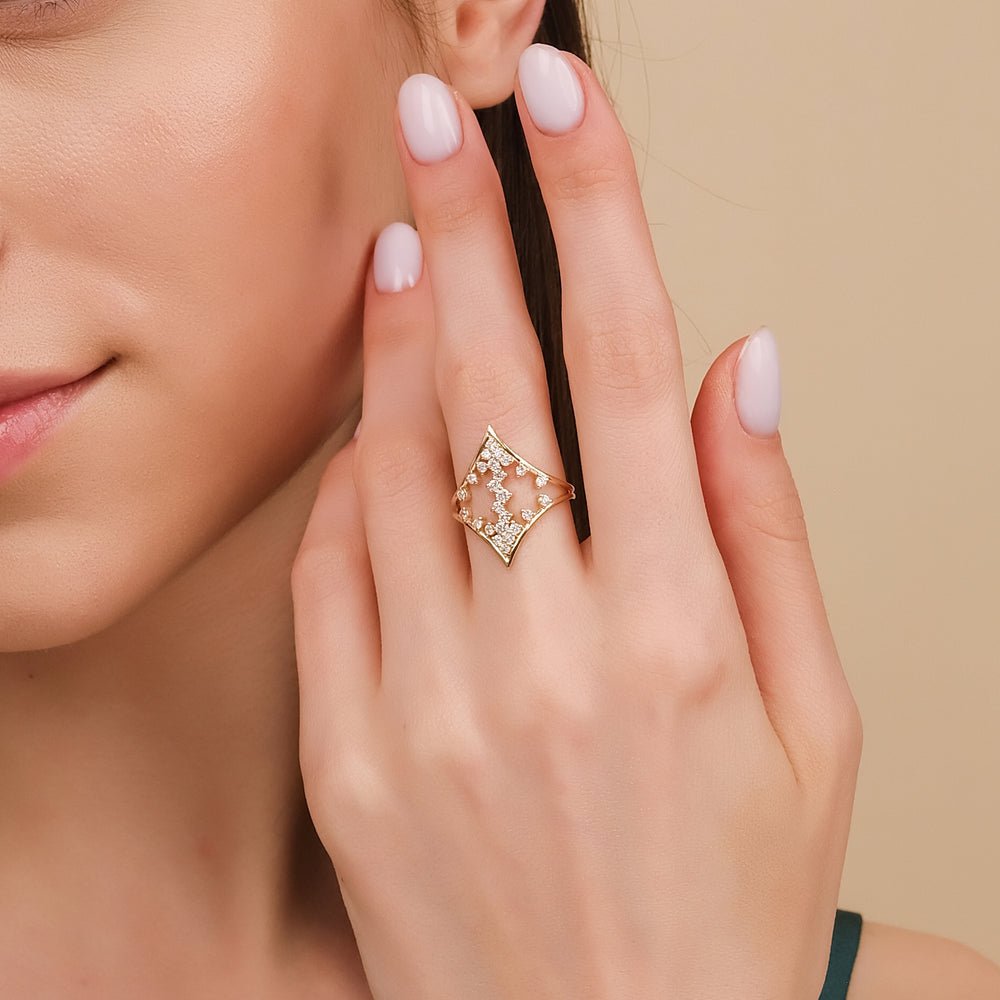 14K Solid Gold Lozenge Shape Diamond Ring