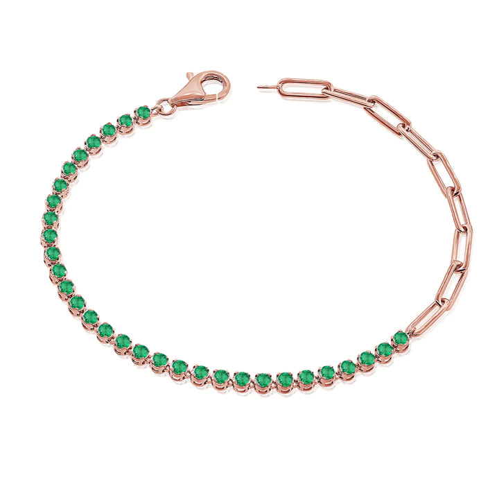 Solid Gold Half Emerald Tennis And Paperclip Chain Bracelet