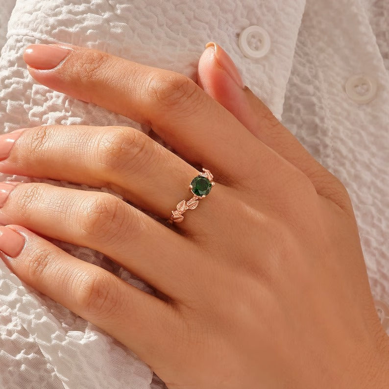 Solid Gold Emerald Solitaire Leaf Ring