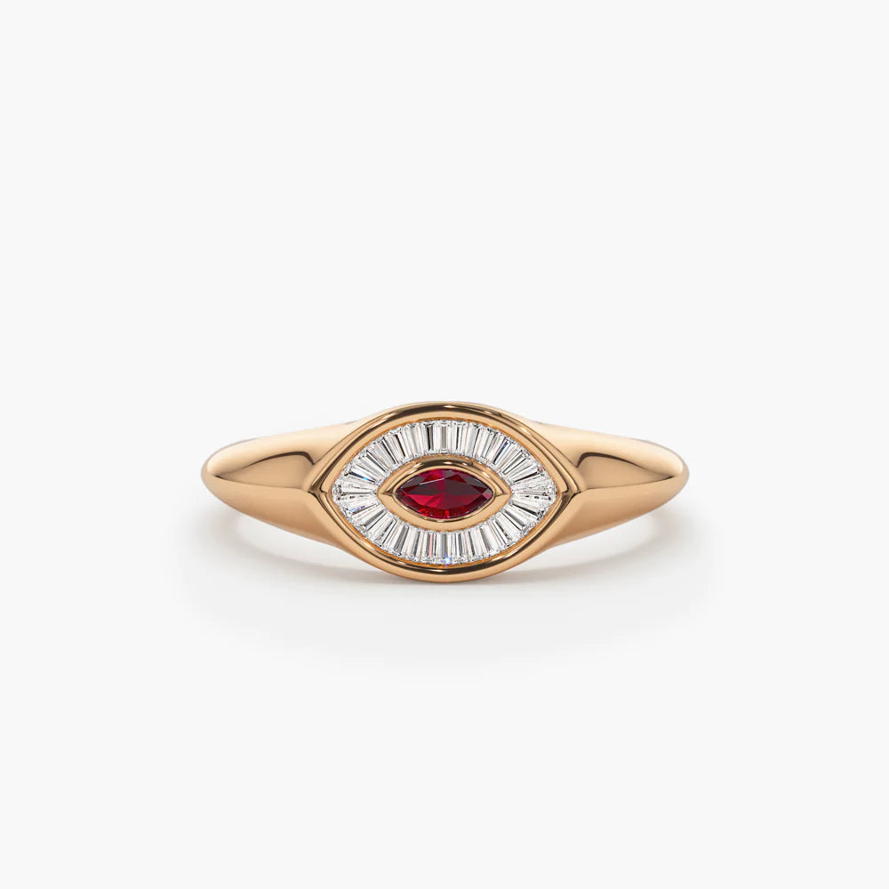 Solid Gold Marquise Shaped Ruby and Baguette Diamond Ring