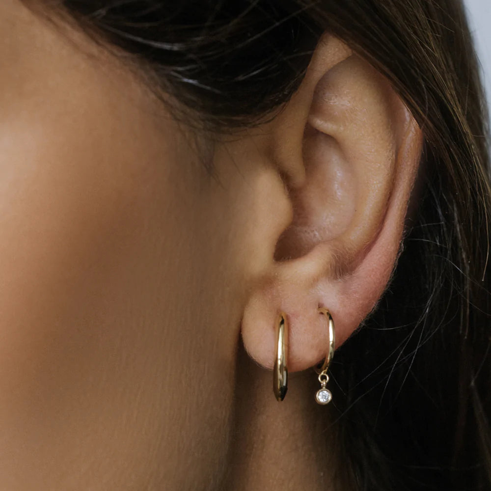 Solid Gold Hoop with Dangling Diamond