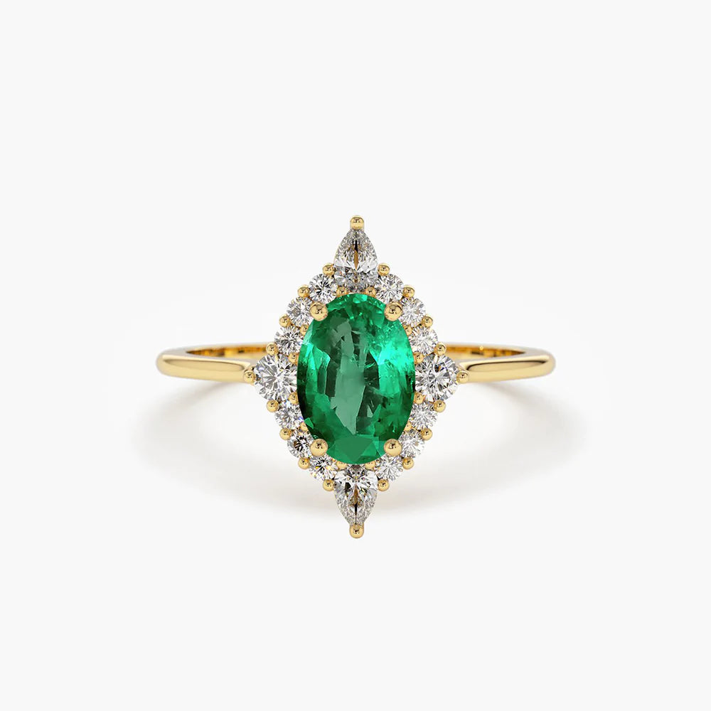 Solid Gold Oval Emerald and Diamond Bell Ring