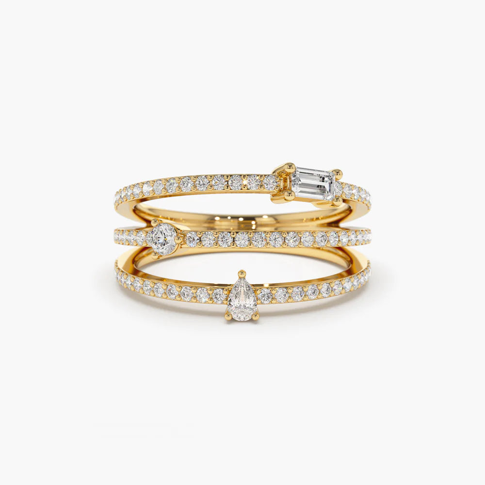 Solid Gold Triple Row Mix Diamond Statement Ring