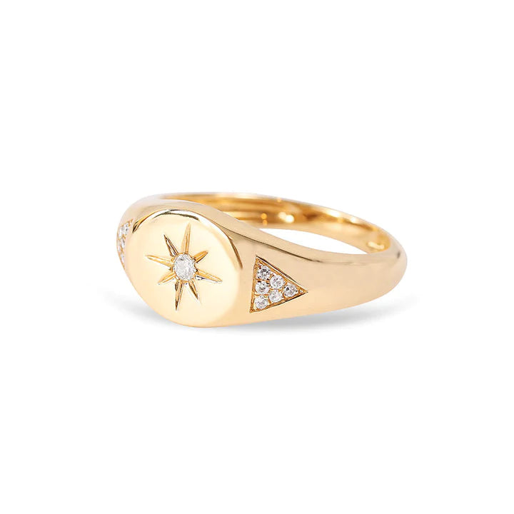 Solid Gold Diamond Star Signet Ring (8B4C33)