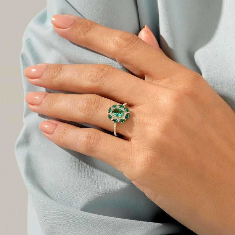 Solid Gold Emerald Floral Ring