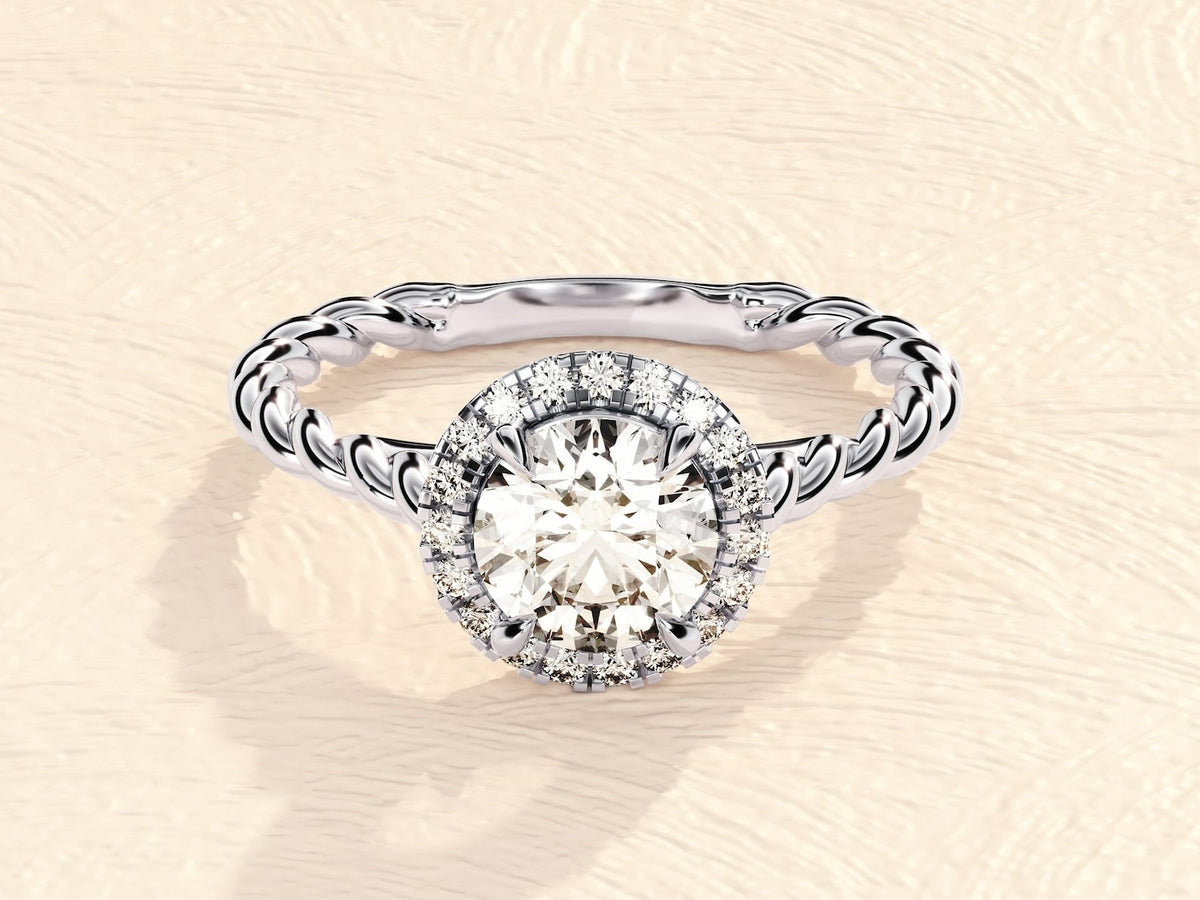 Solid Gold Twisted Band 2ct Lab Grown Diamond Engagement Halo Ring