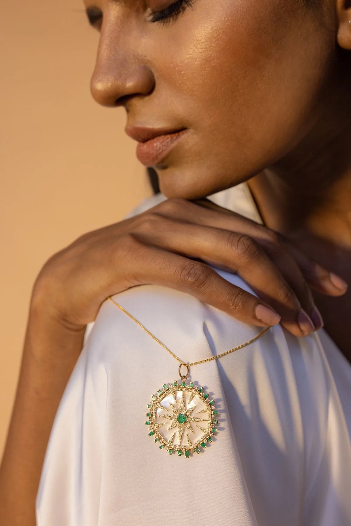 Solid Gold Emerald & Mother of Pear Charm