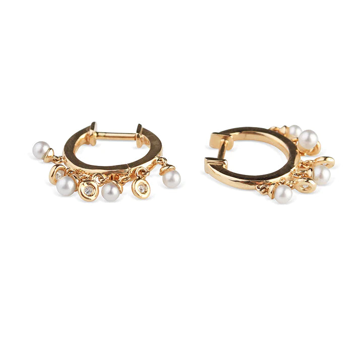 Solid Gold Lucy Pearl And Diamond Dangle Huggies