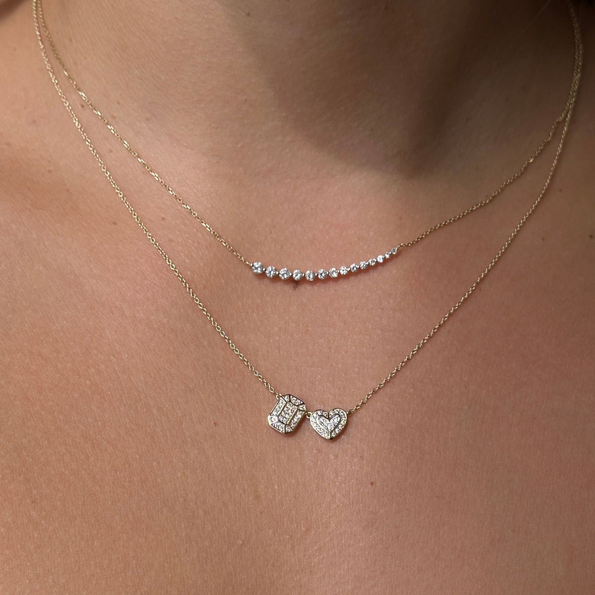 Solid Gold Diamond Rectangle Octagon Heart Necklace