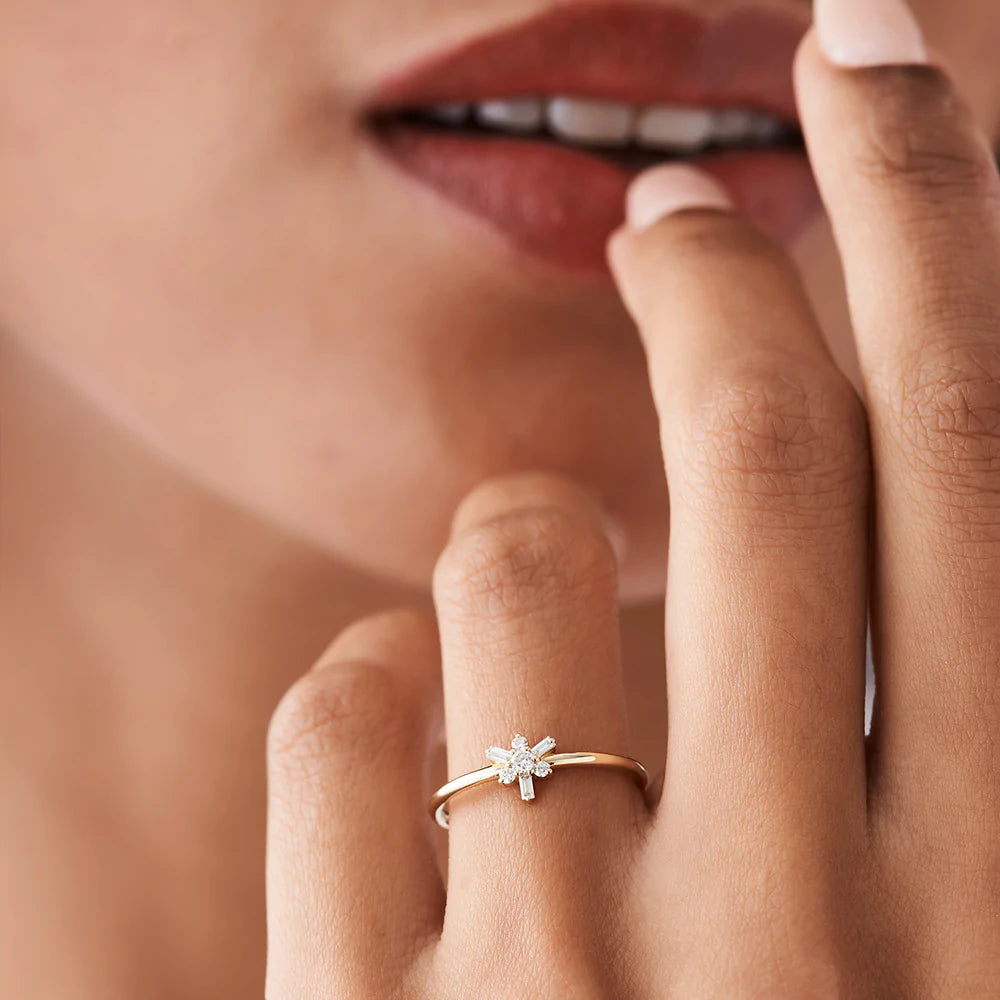 Solid Gold Triangle Shape Baguette & Round Diamond Stacking Ring