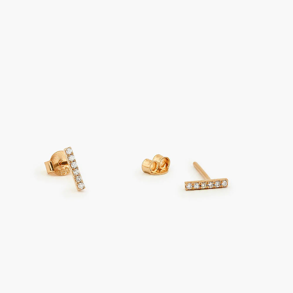 Solid Gold Diamond Bar Stud Earrings